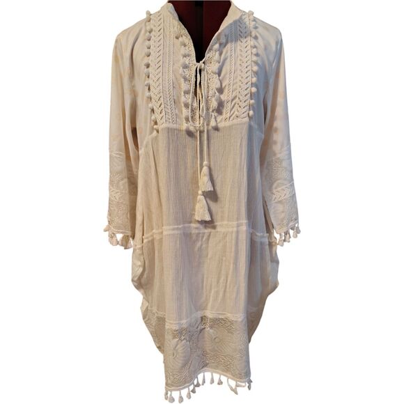 Misslook Ivory V-Neck 3/4 Sleeve Sheer Lace Fringe Tunic Dress Size Small - Picture 1 of 13